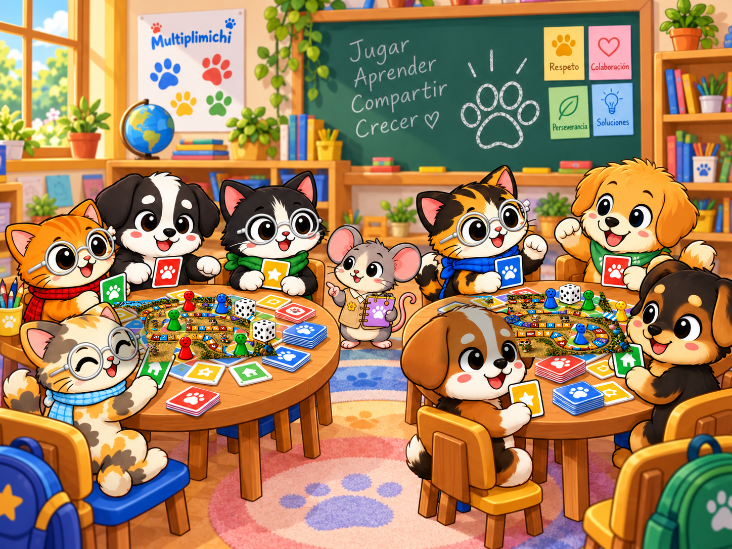 Una clase de niños y personajes aprendiendo mediante el juego