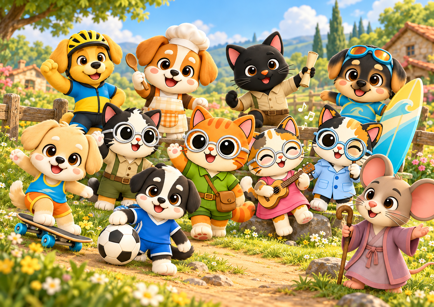 Los personajes de Multiplimichi explorando el campo juntos